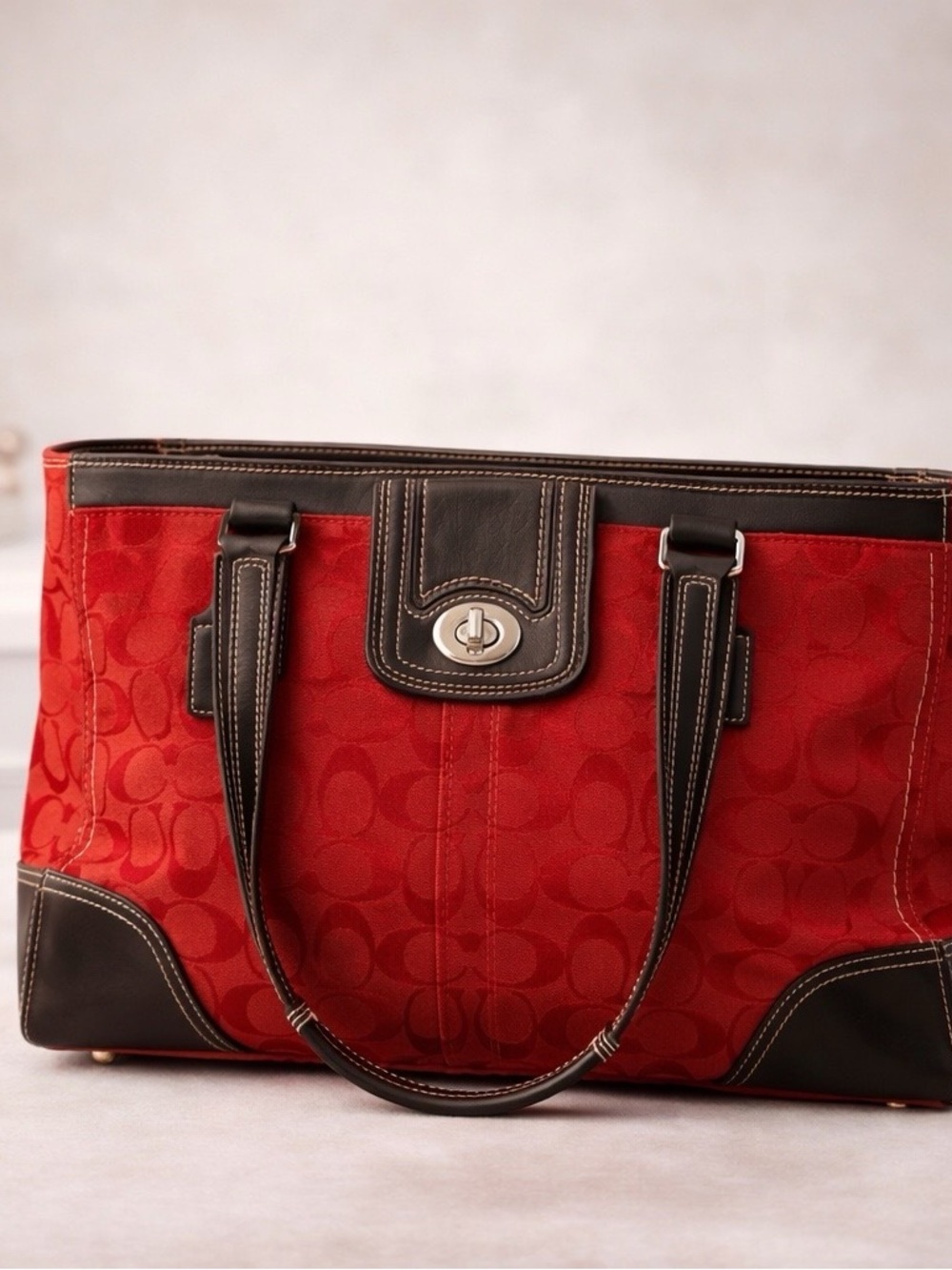 Coach Red Signature Canvas Tote with Dark Brown Leather Accents - Picture 7 of 7